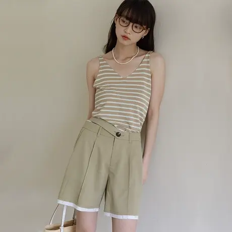 omont蛋挞家 复古毛边夏季休闲阔腿短裤女设计感拼色A字直筒短裤商品大图