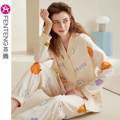 芬腾纯棉睡衣女款春秋季秋款长袖大码可爱卡通女生全棉家居服套装商品大图