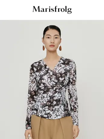 【言选好物】玛丝菲尔23夏黑色碎花长袖t恤v领打底衫内搭上衣商品大图