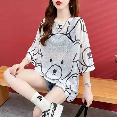 短袖t恤女夏季韩版宽松大码女装中长款冰丝薄款透气防晒衣上衣服商品大图