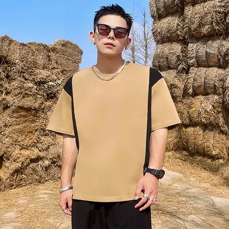 夏季男士t恤男装短袖修身半袖潮流圆领设计感拼接高级感休闲体恤商品大图