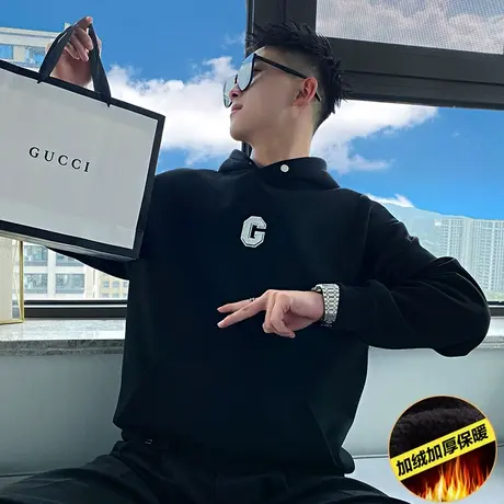 2024冬季时尚休闲加绒加厚连帽简约学生男士卫衣潮牌潮流ins外套图片