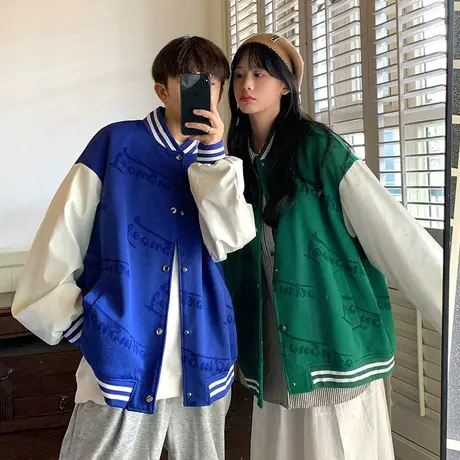 美式字母宽松棒球服男休闲撞色拼接立领夹克潮流ins春季情侣外套商品大图
