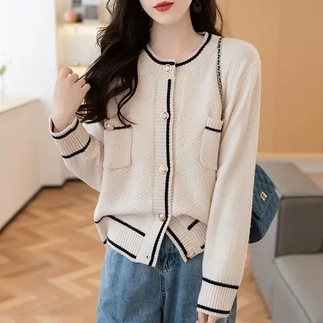 2023秋装新款女士开衫毛衣外套上衣宽松长袖针织衫纯色圆领百搭女图片