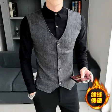 冬装加绒加厚长袖衬衫男春秋季潮流假两件套马甲衬衣一体衣服保暖商品大图