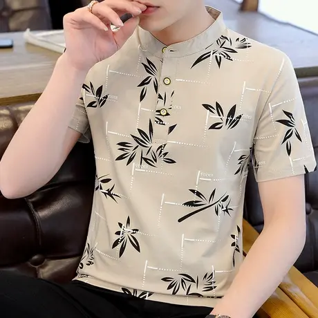 冰丝短袖男士夏季t恤2023新款镂空印花半袖打底衫修身网眼薄体恤商品大图