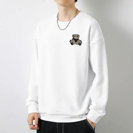华夫格小熊卫衣男圆领无帽长袖t恤潮牌秋冬款白色上衣服潮流宽松商品大图