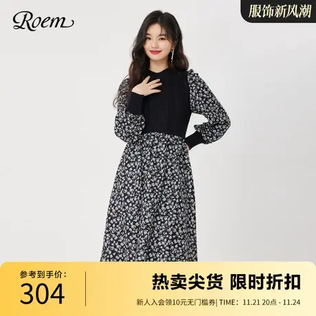 Roem秋冬 商场同款简约圆领针织拼接复古假两件A字型碎花连衣裙图片