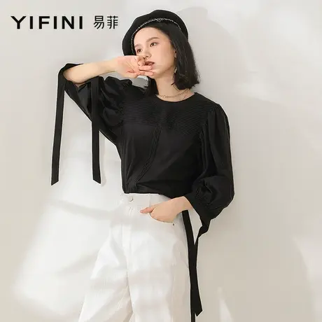 Yifini/易菲宽松七分袖短款梭织上衣女褶皱设计感小众T恤2021秋新商品大图