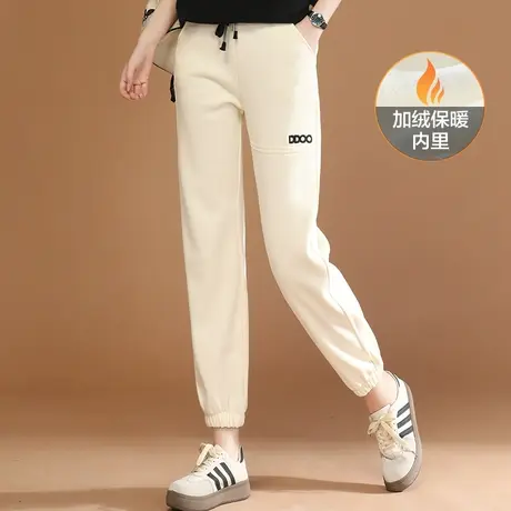 新品88折】松紧腰刺绣白色加绒运动裤女冬季新款束脚哈伦卫裤子图片