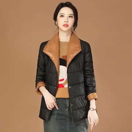 韩潮袭人时尚撞色棉衣女2023冬季新款宽松翻领绑腰加厚棉服外套图片