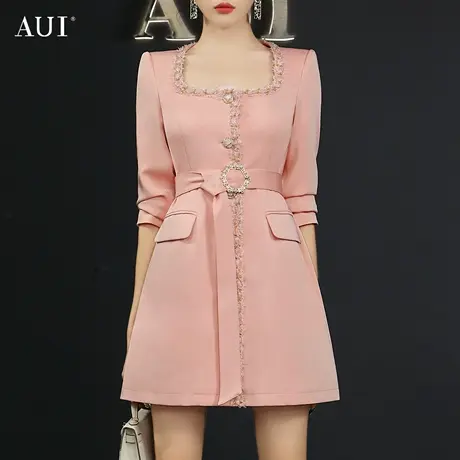 AUI粉色名媛气质西装外套女2023春新款设计感方领小众修身西服裙图片
