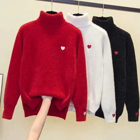 高领水貂绒红色毛衣女2023秋冬新款上衣宽松外穿针织衫加厚打底衫图片