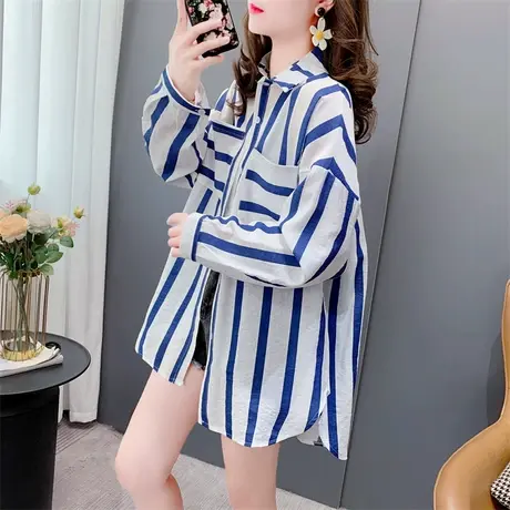 设计感条纹防晒衬衫女夏季2023新款宽松复古港风薄款衬衣外套上衣商品大图