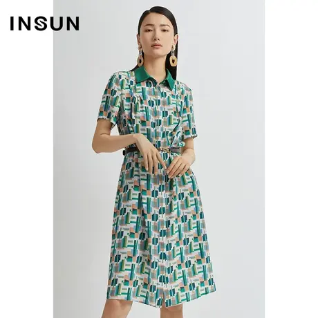 INSUN恩裳线上专选夏季撞色POLO领印花连衣裙图片