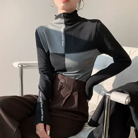 加绒加厚打底衫女秋冬洋气内搭半高领T恤长袖设计感撞色上衣欧货商品大图