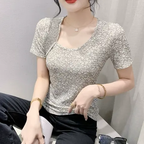 欧货网红斜领T恤女短袖2024夏季新款时尚印花烫钻上衣修身小衫潮商品大图