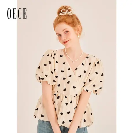 Oece减龄爱心上衣夏季新款女装设计感小众V领娃娃衫短袖图片