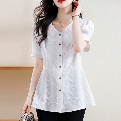 V领短袖气质衬衫女2023夏季新款短袖中长款宽松遮肚子漂亮小衫女商品大图