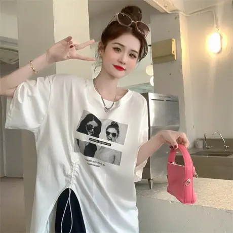 纯棉短袖T恤女夏季2023新款设计感小众字母印花抽绳宽松上衣ins潮商品大图