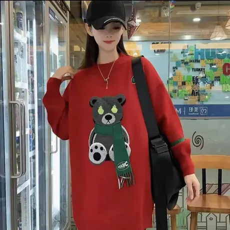 2023春季新款毛衣女冬季加厚卡通小熊宽松慵懒上衣圆领打底针织衫图片