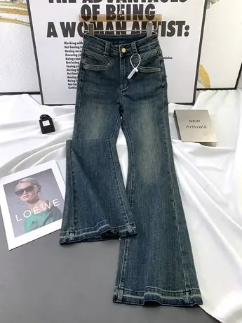 韩版复古牛仔喇叭裤女2024春秋新款显瘦百搭高腰弹力包臀马蹄长裤商品大图