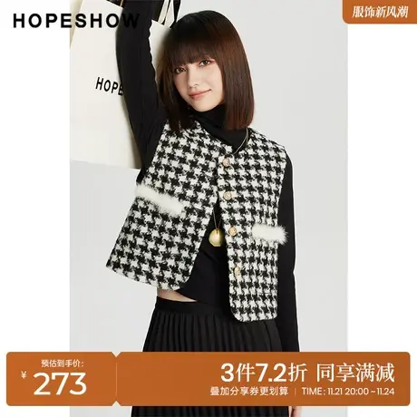 红袖冬季2022新款女装 格纹单排扣圆领短马甲89422371902商品大图