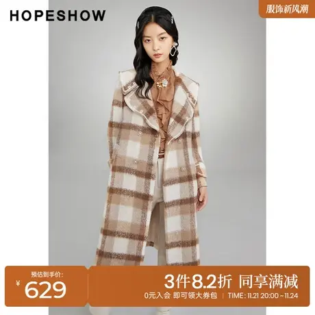红袖outlets复古格纹花瓣领大衣hopeshow2022冬季款花边长款外套图片
