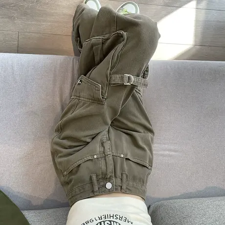 卡其美式复古工装裤女春秋高腰宽松大口袋设计高腰直筒阔腿牛仔裤商品大图