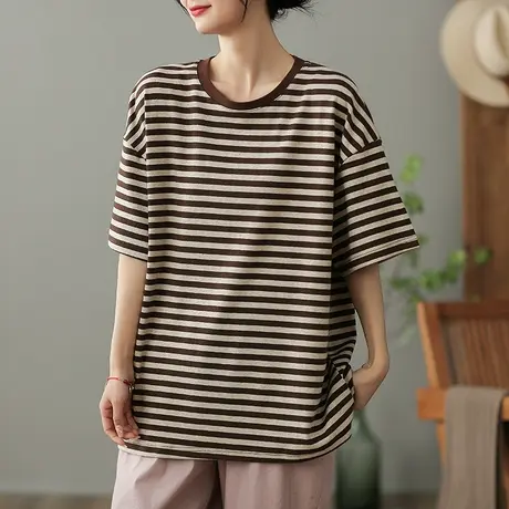 dza文艺复古条纹纯棉T恤女2023夏季薄款短袖体恤宽松显瘦打底上衣商品大图