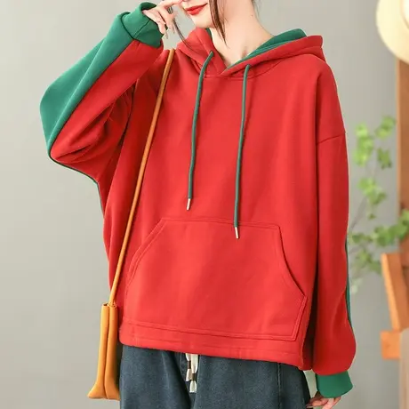 dza 复古拼接撞色连帽加绒卫衣外套女秋冬内搭打底宽松显瘦短上衣商品大图