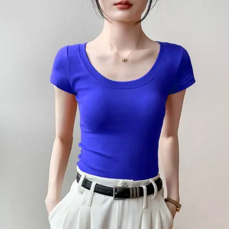 基础款短袖T恤女2025夏季大圆领修身南瓜橘色上衣漏锁骨半袖棉t商品大图