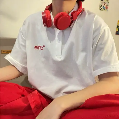 polo领短袖T恤女2023夏季新款宽松设计感小众刺绣纯棉半袖ins上衣商品大图