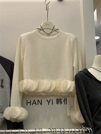 十三行秋冬新款设计感小众拼接超仙上衣小个子黑色长袖短款T恤女商品大图