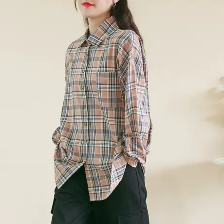 【买一送一】秋学院风宽松格子衬衫大码落肩袖显瘦格子上衣商品大图