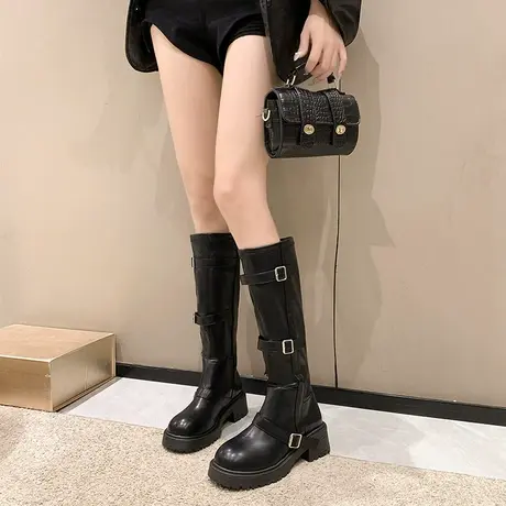 长筒靴女2023年春秋季新款复古洋气韩系西部牛仔靴粗跟厚底骑士靴图片