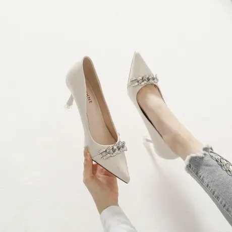 性感尖头杏色高跟鞋女细跟2024春季新款法式气质百搭水钻浅口单鞋图片