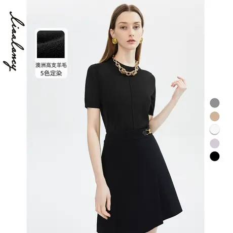 朗姿法式纯羊毛短袖针织衫女秋奥莱轻熟风修身显瘦黑色打底衫上衣图片