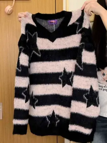 红续星星条纹可拆卸针织衫毛衣女复古甜酷风软糯长袖2023秋冬新款图片