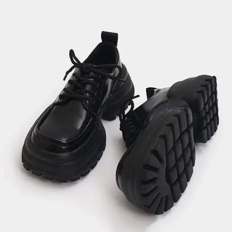 复古方头小皮鞋女2023新款秋季英伦风厚底单鞋秋款黑色系带乐福鞋商品大图