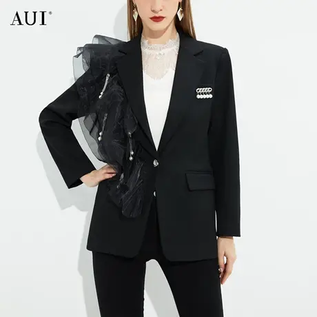 AUI职业气质黑色小众西装外套女2023秋冬新款休闲百搭夹棉西服厚商品大图