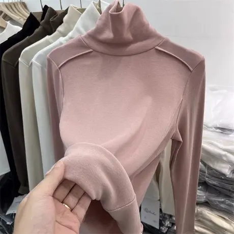 设计感小众长袖T恤女秋冬季德绒加厚保暖打底衫内搭修身高领上衣商品大图