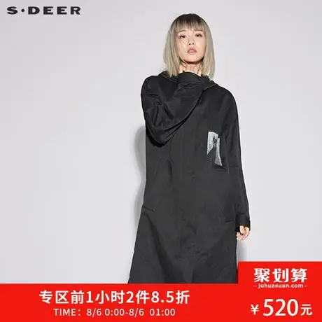 sdeer圣迪奥2018秋装宽松连帽印花长款及膝风衣外套女S18181811🙁图片