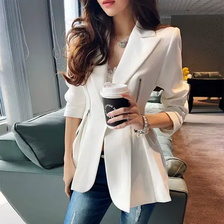 粉红大布娃娃白色收腰外套休闲小众设计感拉链西装女2022春秋新款图片