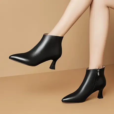 浓情漫宇欧美时尚高跟女靴头层牛皮短靴尖头全皮单靴子真皮粗跟女商品大图