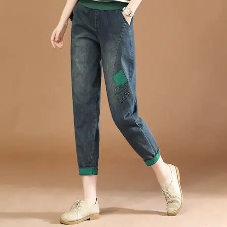韩潮袭人松紧腰拼接休闲宽松牛仔裤女2023秋季新款修身显瘦哈伦裤商品大图