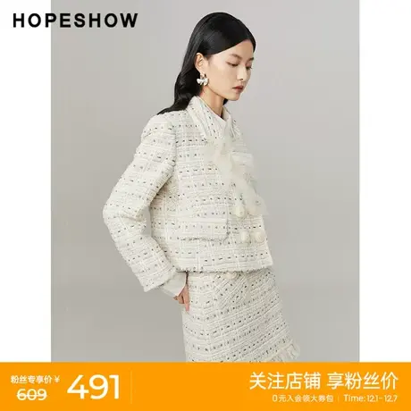 红袖outlets香风网纱短外套hopeshow2022冬季款翻领粗毛呢上衣女商品大图