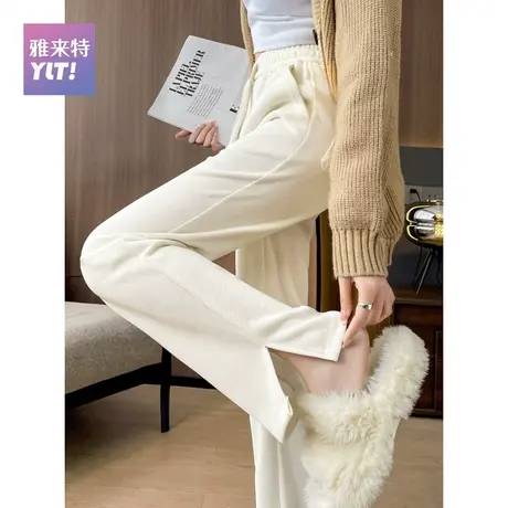 白色雪尼尔阔腿裤女秋冬2023新款窄版直筒裤高腰开叉加绒休闲裤子图片
