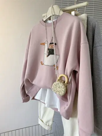卡通大白鹅印花秋冬加绒宽松女款上衣简约洋气圆领套头韩即墨卫衣商品大图