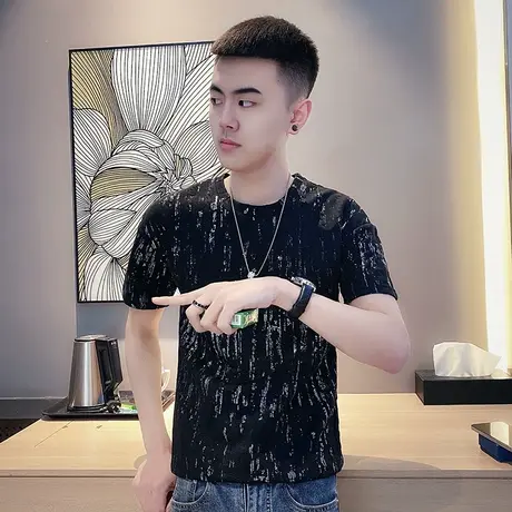 夏季男士t恤复古竖条纹潮牌网红休闲ins学生短袖修身半袖潮流圆领商品大图